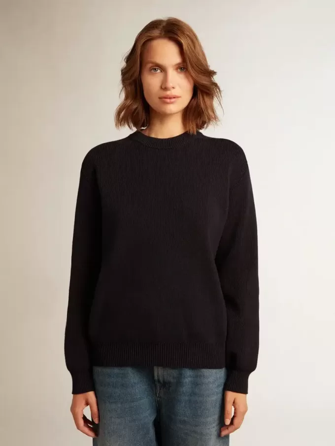 Jersey de cuello redondo para mujer en algodón azul oscuro con logotipo en la espalda Jersey de cuello redondo para mujer en algodón azul oscuro con logotipo en la espalda