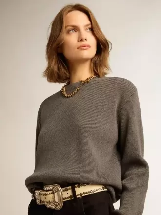 Jersey de cuello redondo para mujer en algodón gris oscuro con logotipo en la espalda Jersey de cuello redondo para mujer en algodón gris oscuro con logotipo en la espalda