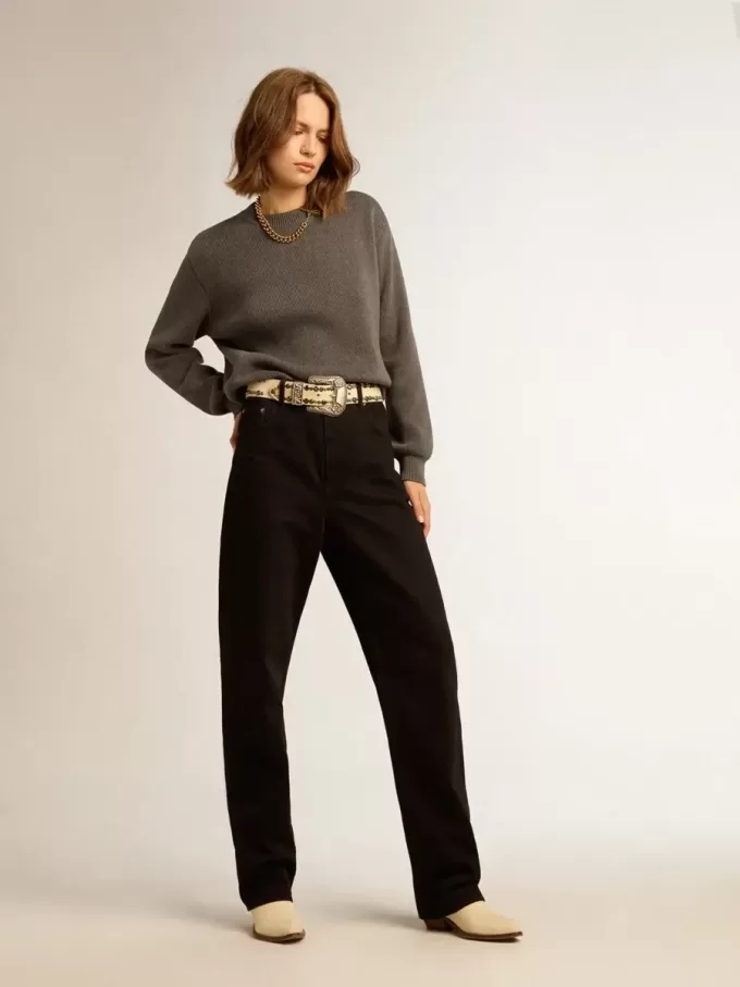 Jersey de cuello redondo para mujer en algodón gris oscuro con logotipo en la espalda Jersey de cuello redondo para mujer en algodón gris oscuro con logotipo en la espalda