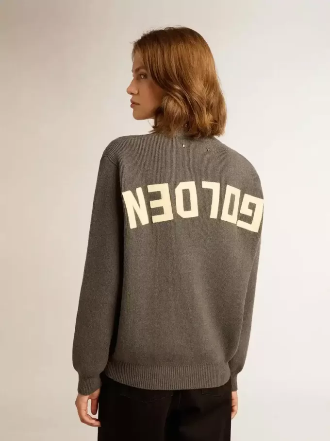 Jersey de cuello redondo para mujer en algodón gris oscuro con logotipo en la espalda Jersey de cuello redondo para mujer en algodón gris oscuro con logotipo en la espalda