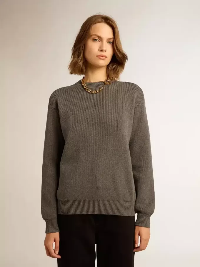 Jersey de cuello redondo para mujer en algodón gris oscuro con logotipo en la espalda Jersey de cuello redondo para mujer en algodón gris oscuro con logotipo en la espalda