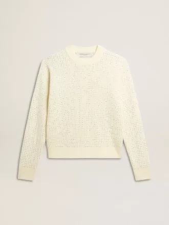 Jersey de cuello redondo para mujer en lana merino blanca con cristales por toda la prenda Jersey de cuello redondo para mujer en lana merino blanca con cristales por toda la prenda