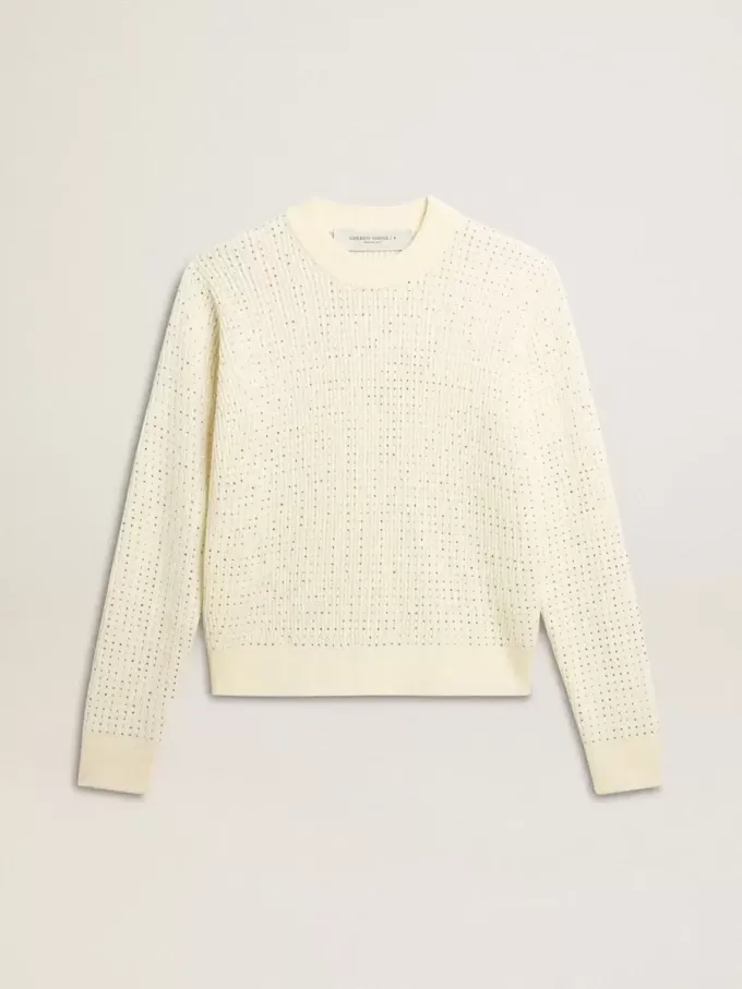 Jersey de cuello redondo para mujer en lana merino blanca con cristales por toda la prenda