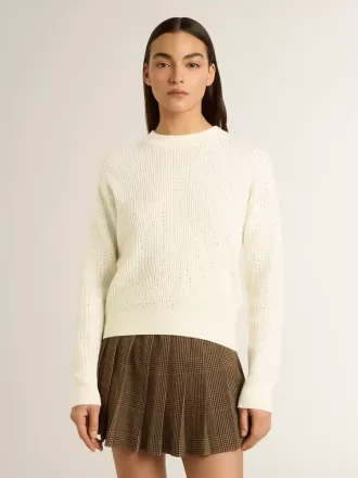 Jersey de cuello redondo para mujer en lana merino blanca con cristales por toda la prenda Jersey de cuello redondo para mujer en lana merino blanca con cristales por toda la prenda