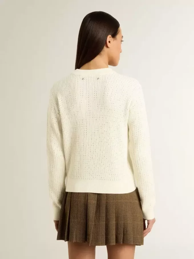 Jersey de cuello redondo para mujer en lana merino blanca con cristales por toda la prenda