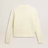 Jersey de cuello redondo para mujer en lana merino blanca con cristales por toda la prenda