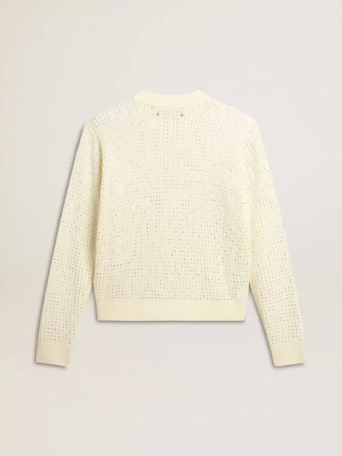 Jersey de cuello redondo para mujer en lana merino blanca con cristales por toda la prenda
