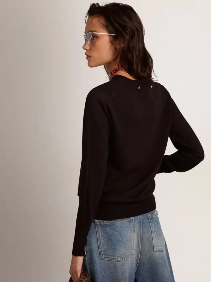 Jersey de cuello redondo para mujer en lana negra Jersey de cuello redondo para mujer en lana negra
