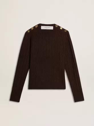 Jersey de cuello redondo para mujer en mezcla de lana con botones dorados Jersey de cuello redondo para mujer en mezcla de lana con botones dorados