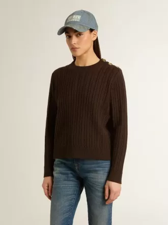Jersey de cuello redondo para mujer en mezcla de lana con botones dorados Jersey de cuello redondo para mujer en mezcla de lana con botones dorados