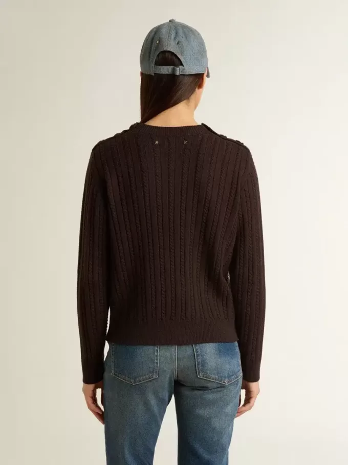Jersey de cuello redondo para mujer en mezcla de lana con botones dorados Jersey de cuello redondo para mujer en mezcla de lana con botones dorados