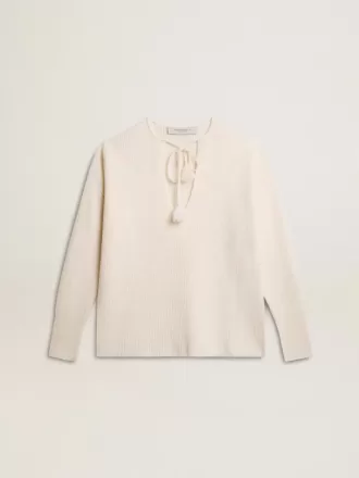 Jersey de lana acanalado con cuello en V y cordón con borlas