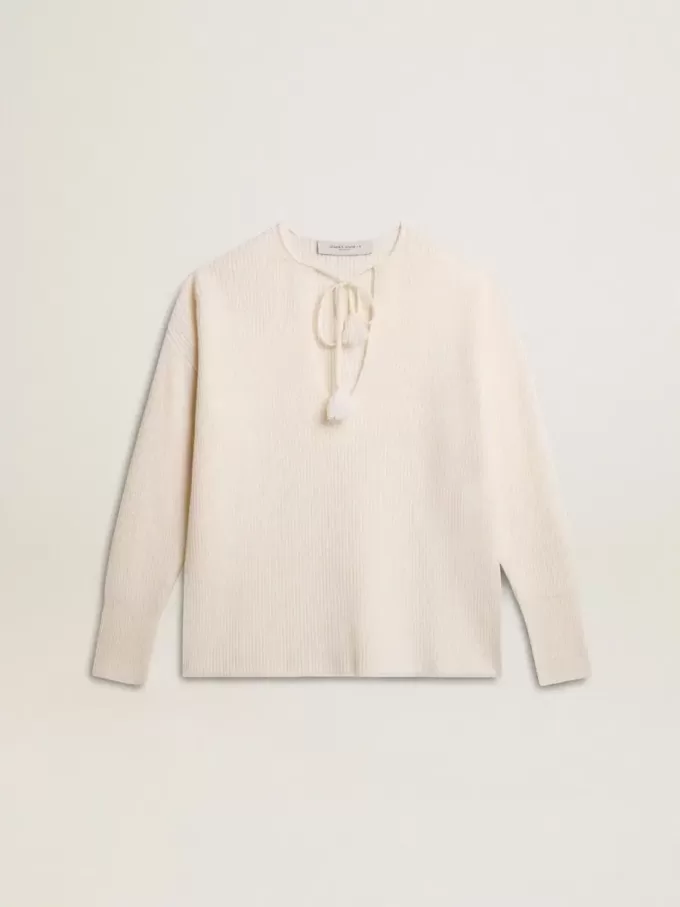 Jersey de lana acanalado con cuello en V y cordón con borlas Jersey de lana acanalado con cuello en V y cordón con borlas