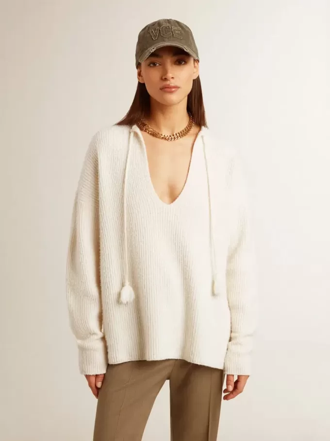 Jersey de lana acanalado con cuello en V y cordón con borlas Jersey de lana acanalado con cuello en V y cordón con borlas