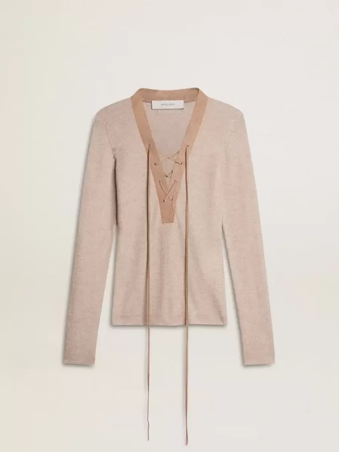 Jersey de lana beige con detalles de piel Jersey de lana beige con detalles de piel