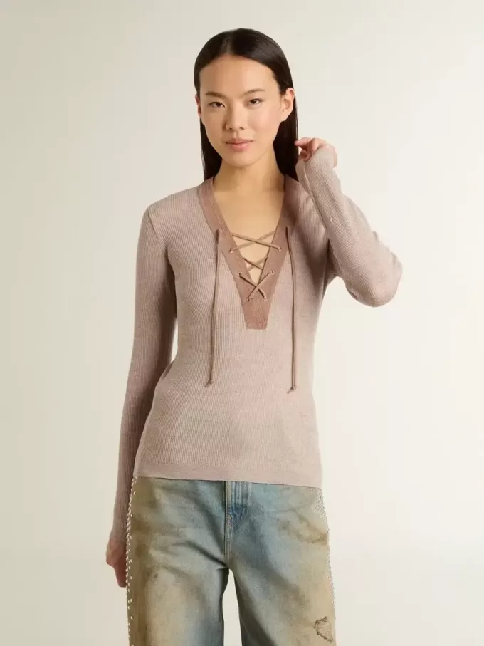 Jersey de lana beige con detalles de piel Jersey de lana beige con detalles de piel