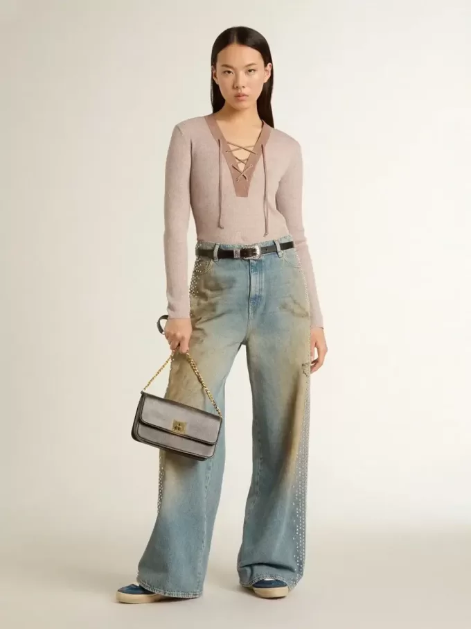 Jersey de lana beige con detalles de piel Jersey de lana beige con detalles de piel