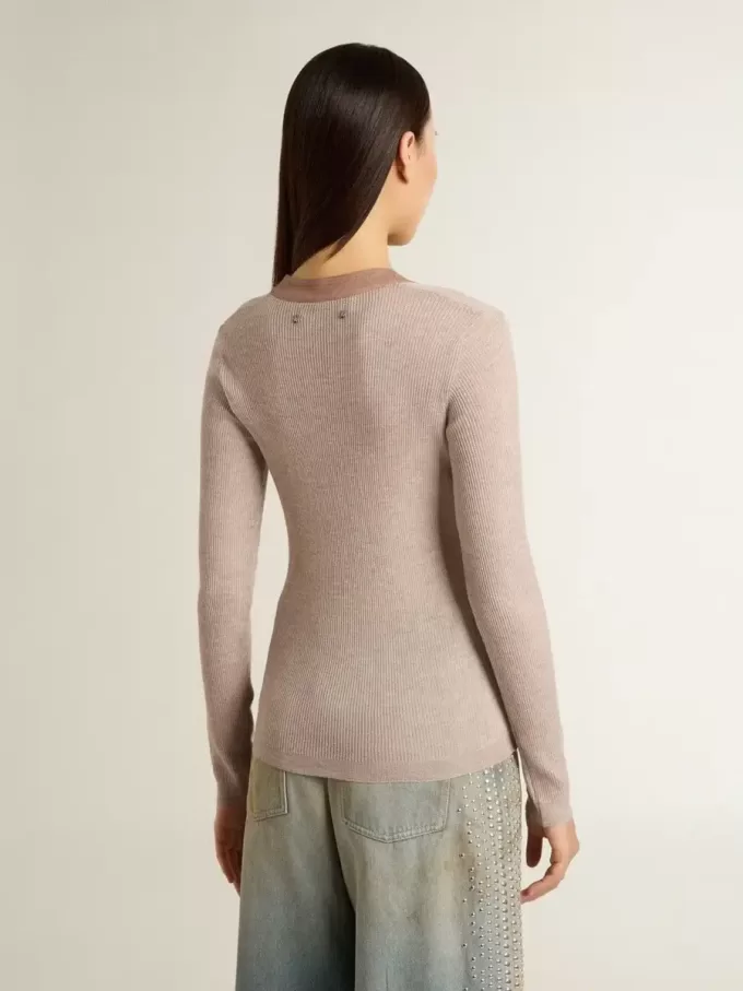 Jersey de lana beige con detalles de piel Jersey de lana beige con detalles de piel