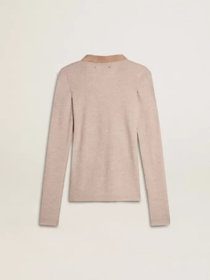 Jersey de lana beige con detalles de piel Jersey de lana beige con detalles de piel