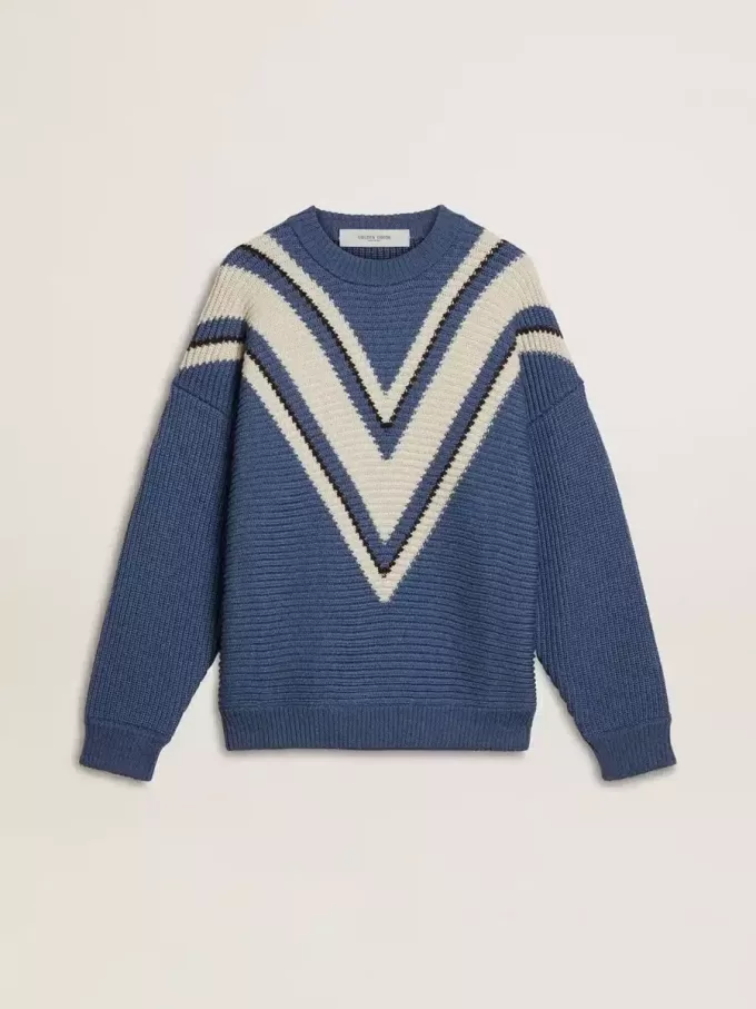 Jersey de lana jacquard azul claro para hombre con estampado en color crema Jersey de lana jacquard azul claro para hombre con estampado en color crema