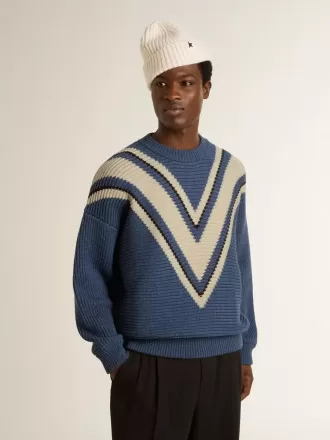 Jersey de lana jacquard azul claro para hombre con estampado en color crema