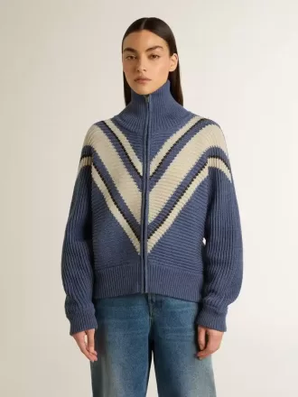 Jersey de lana jacquard azul claro para mujer con estampado color crema.