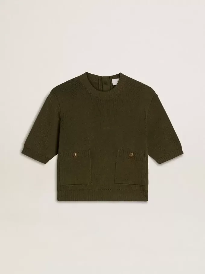 Jersey de manga corta para mujer en algodón verde militar Jersey de manga corta para mujer en algodón verde militar