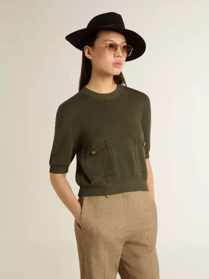 Jersey de manga corta para mujer en algodón verde militar Jersey de manga corta para mujer en algodón verde militar