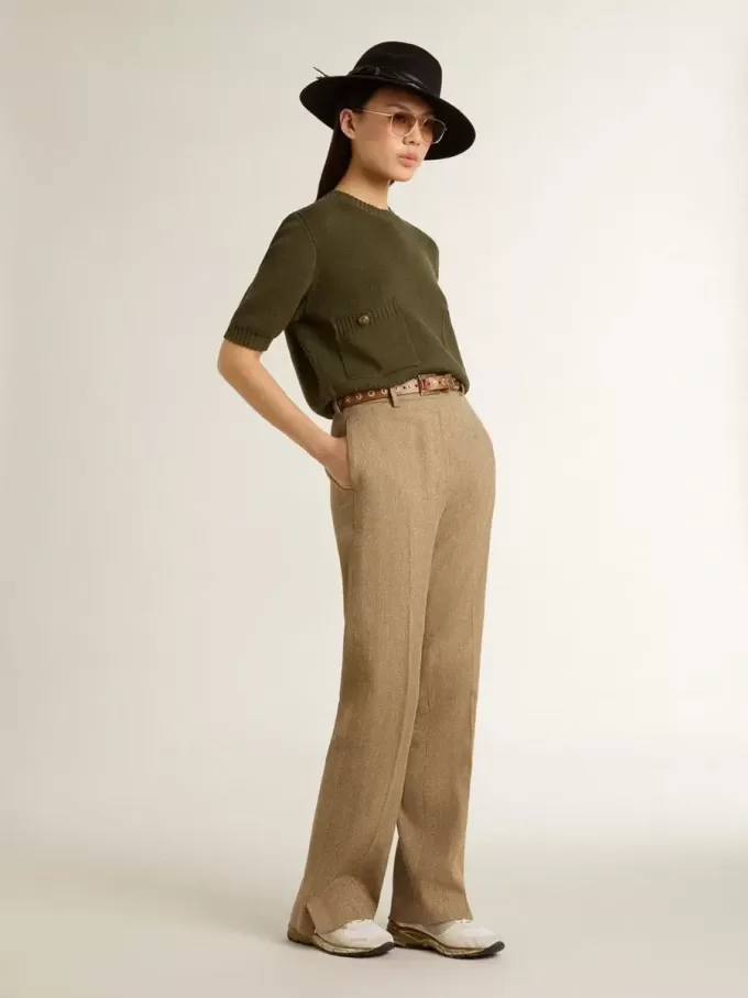 Jersey de manga corta para mujer en algodón verde militar Jersey de manga corta para mujer en algodón verde militar