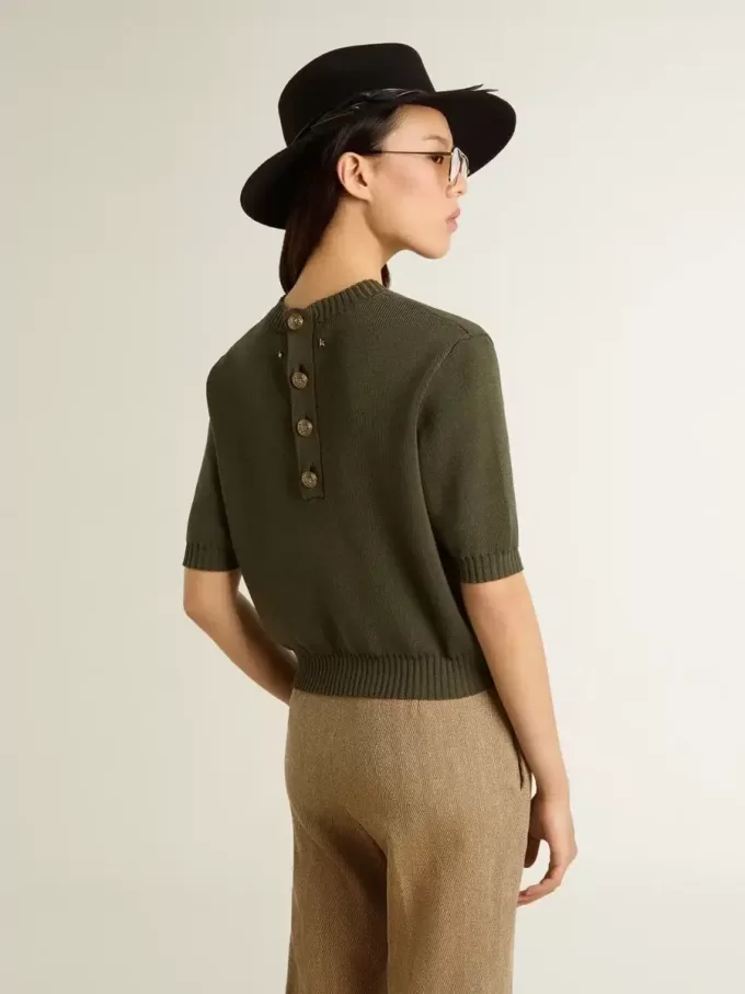 Jersey de manga corta para mujer en algodón verde militar Jersey de manga corta para mujer en algodón verde militar
