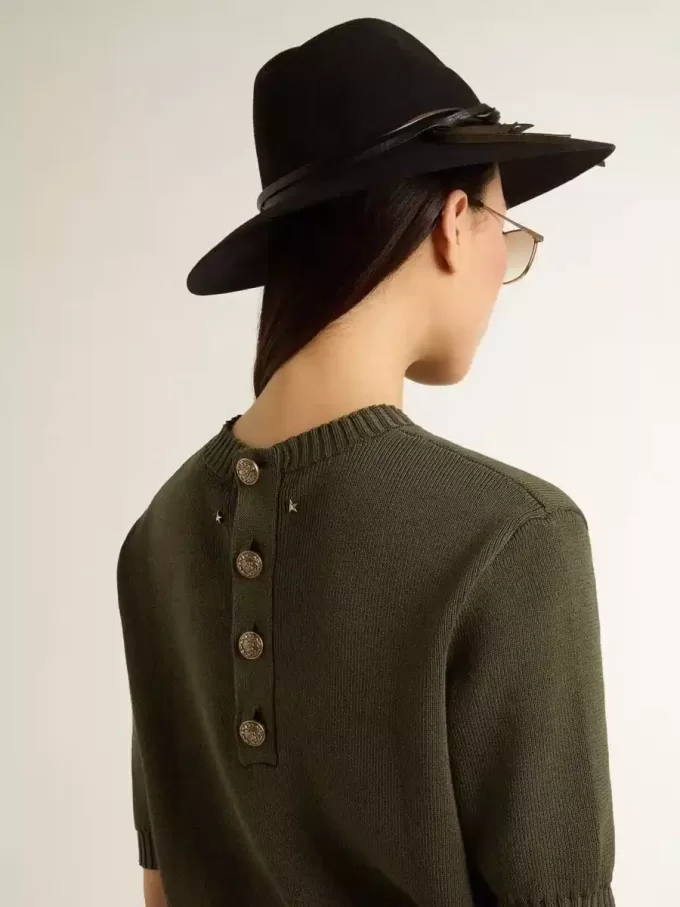 Jersey de manga corta para mujer en algodón verde militar Jersey de manga corta para mujer en algodón verde militar