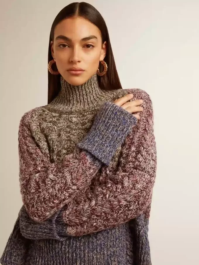Jersey multicolor de cuello alto para mujer con hilo mouliné Jersey multicolor de cuello alto para mujer con hilo mouliné