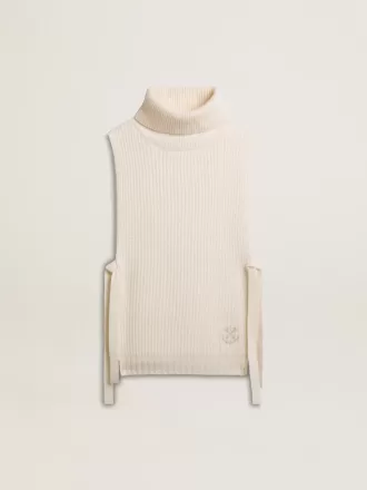 Jersey unisex blanco de cuello alto y sin mangas en lana acanalada