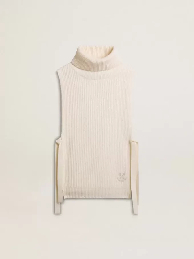 Jersey unisex blanco de cuello alto y sin mangas en lana acanalada Jersey unisex blanco de cuello alto y sin mangas en lana acanalada