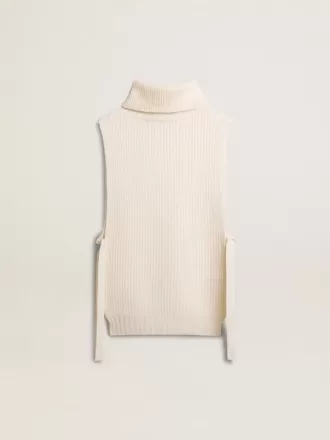 Jersey unisex blanco de cuello alto y sin mangas en lana acanalada