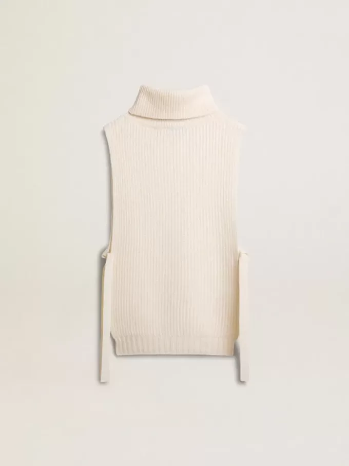 Jersey unisex blanco de cuello alto y sin mangas en lana acanalada Jersey unisex blanco de cuello alto y sin mangas en lana acanalada