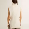 Jersey unisex blanco de cuello alto y sin mangas en lana acanalada Jersey unisex blanco de cuello alto y sin mangas en lana acanalada