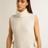 Jersey unisex blanco de cuello alto y sin mangas en lana acanalada Jersey unisex blanco de cuello alto y sin mangas en lana acanalada