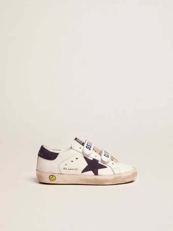Junior Old School en piel blanca con estrella y lengüeta en el talón de ante azul Junior Old School en piel blanca con estrella y lengüeta en el talón de ante azul