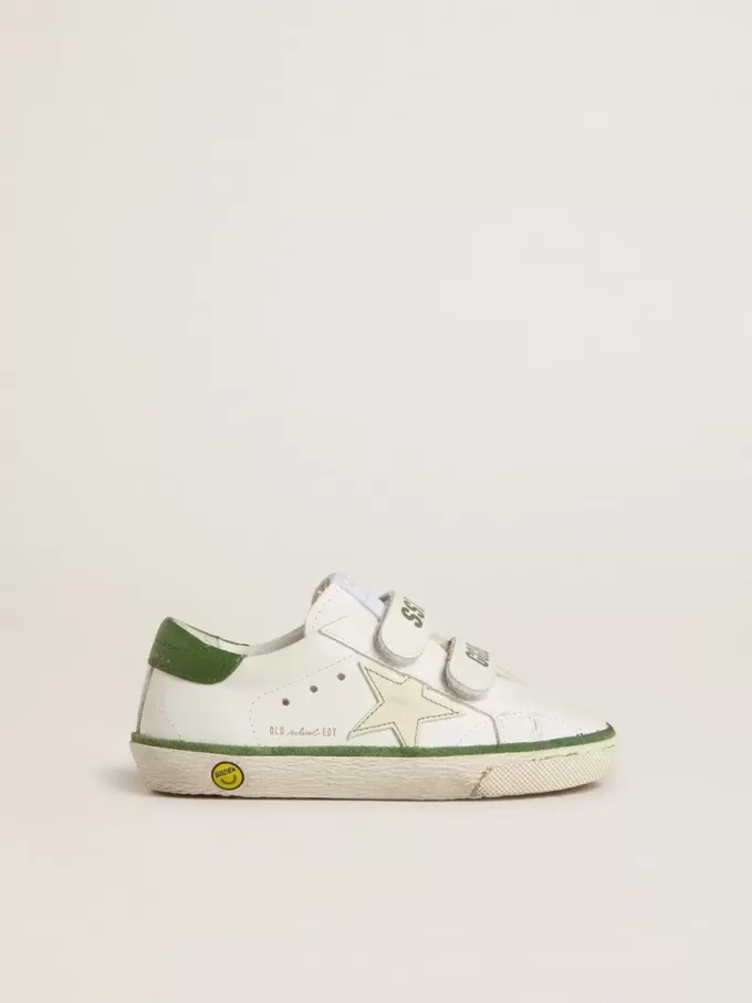 Junior Old School en piel blanca con lengüeta del talón en napa verde e inserción verde Junior Old School en piel blanca con lengüeta del talón en napa verde e inserción verde