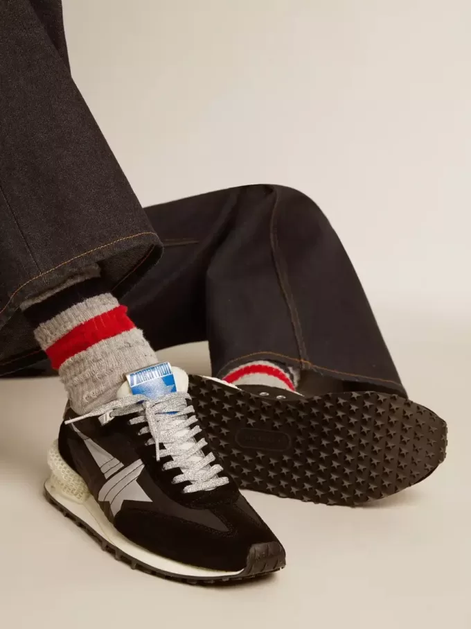 Marathon para hombre con parte superior de nailon ripstop negro y estrella plateada Marathon para hombre con parte superior de nailon ripstop negro y estrella plateada
