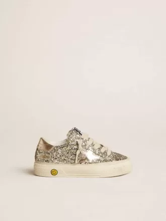 May Teen en brillo platino con estrella y lengüeta del talón en piel dorada