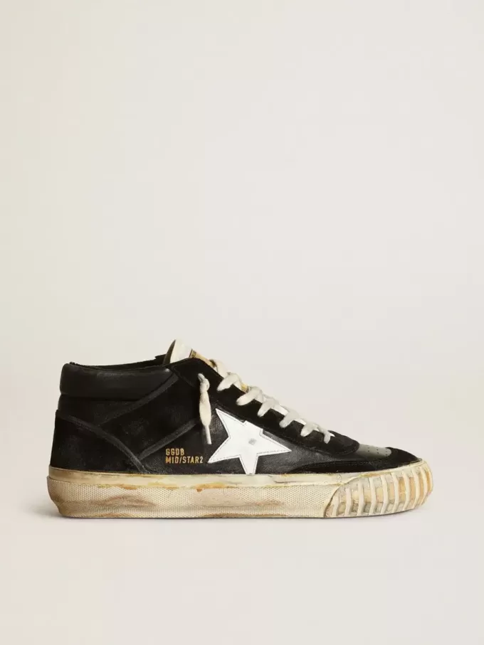 Mid Star para hombre en napa negra y ante con estrella de cuero blanco Mid Star para hombre en napa negra y ante con estrella de cuero blanco