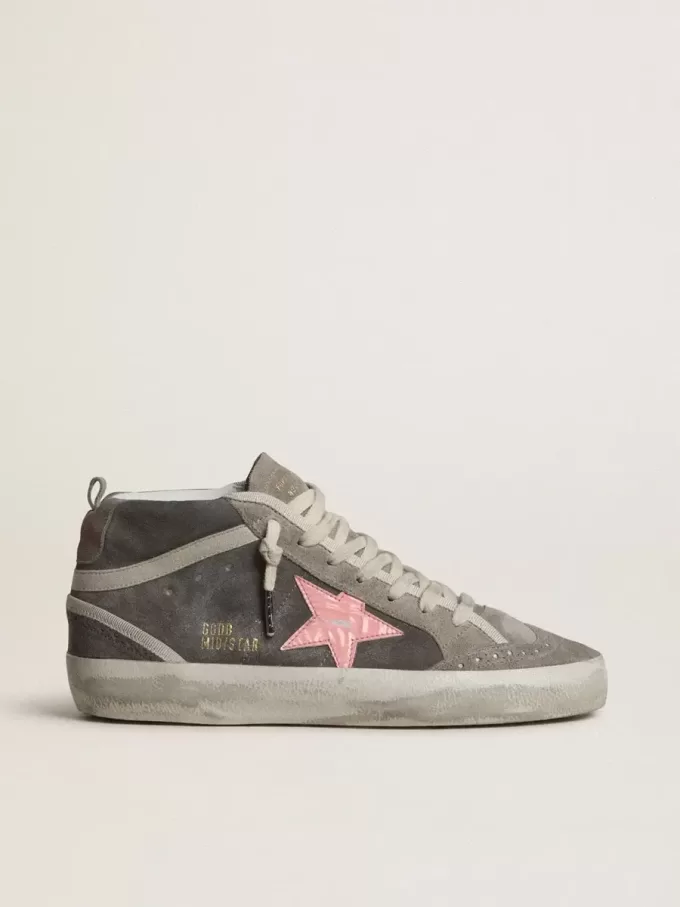 Mid Star para mujer en ante gris con estrella de piel laminada rosa. Mid Star para mujer en ante gris con estrella de piel laminada rosa.
