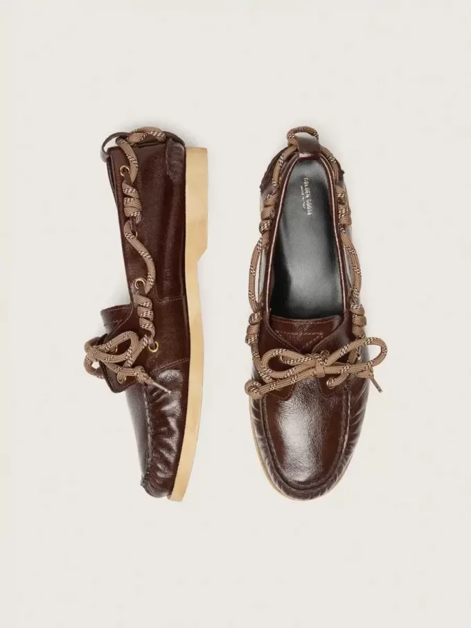 Mocasines Cruise para mujer en piel marrón oscuro brillante con cordones de senderismo gris paloma Mocasines Cruise para mujer en piel marrón oscuro brillante con cordones de senderismo gris paloma