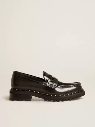 Mocasines gruesos para mujer en piel negra con tachuelas
