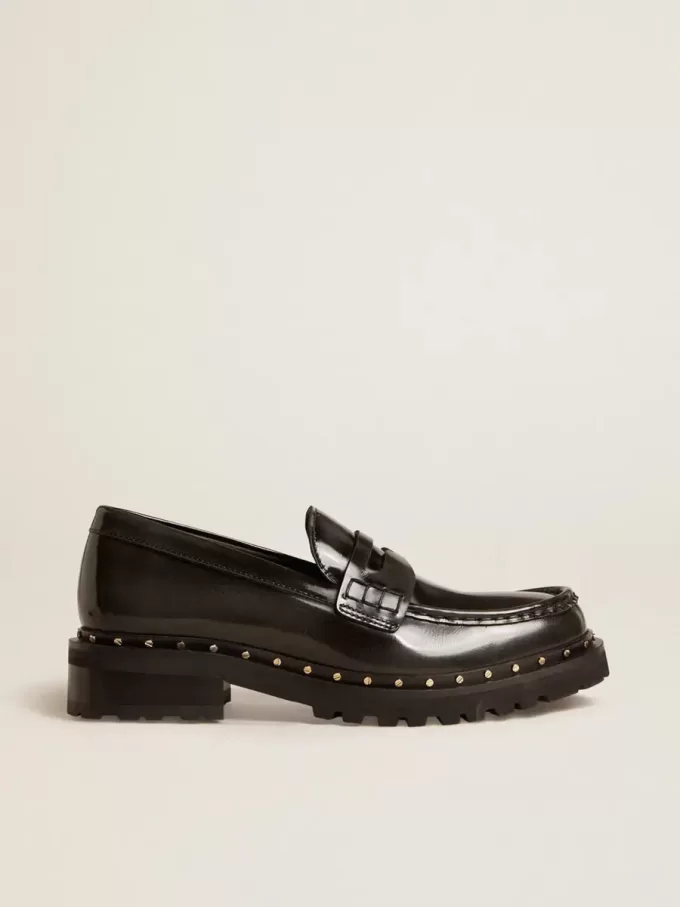 Mocasines gruesos para mujer en piel negra con tachuelas