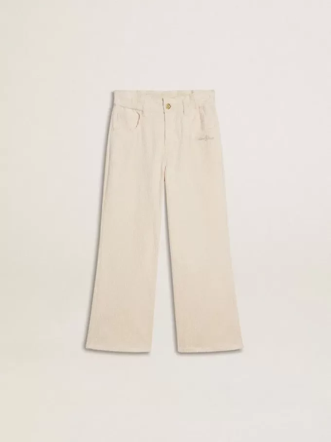Pantalones anchos de canalé color crema con bordados para niña Pantalones anchos de canalé color crema con bordados para niña