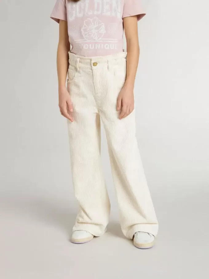 Pantalones anchos de canalé color crema con bordados para niña Pantalones anchos de canalé color crema con bordados para niña