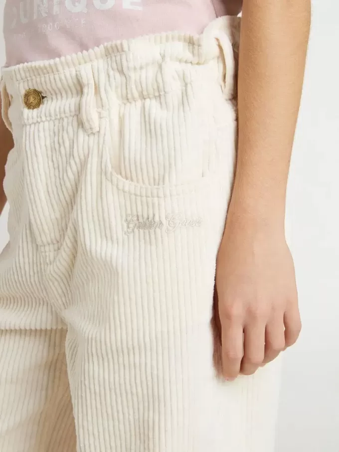 Pantalones anchos de canalé color crema con bordados para niña Pantalones anchos de canalé color crema con bordados para niña